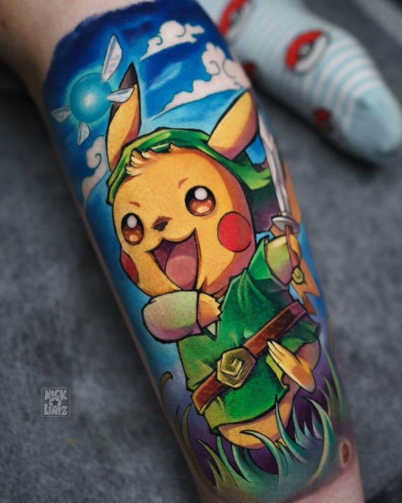 Pokemon tattoo ontworpen door Nick Limpz